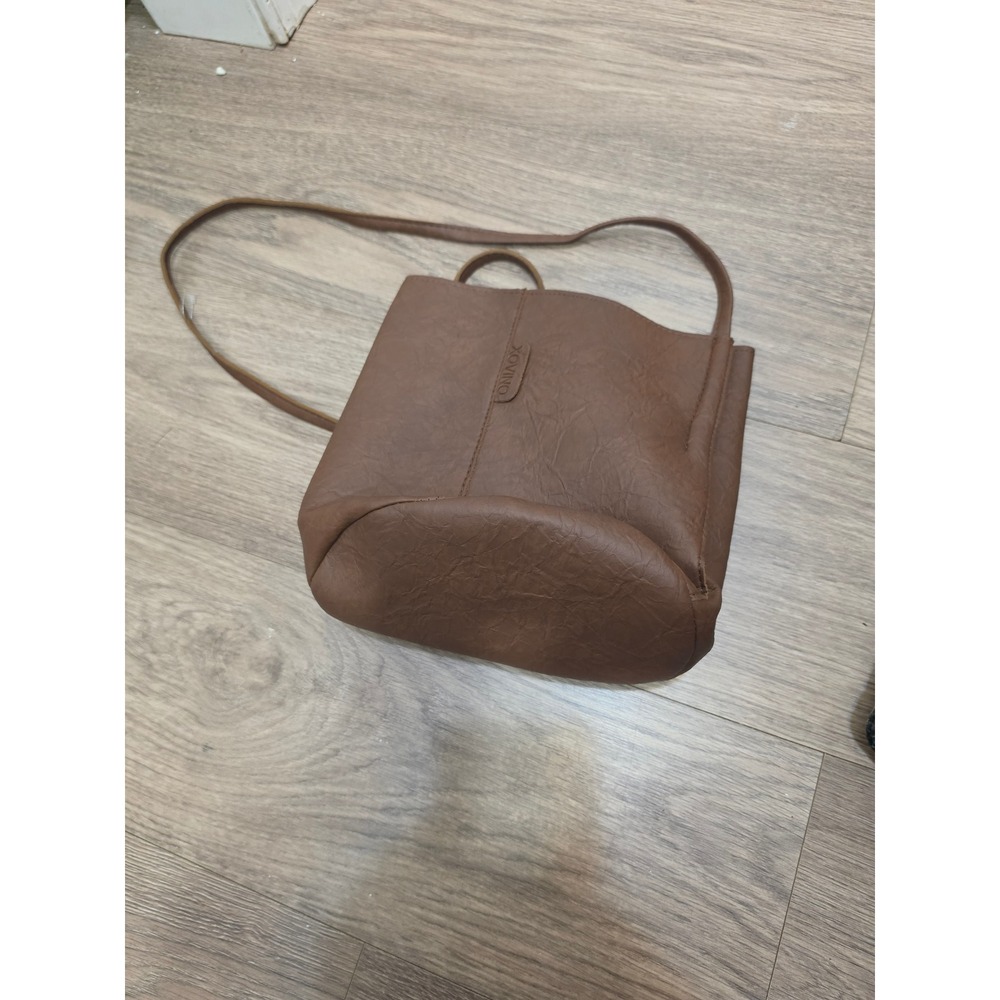 XOVINO Brown Vegan Leather Bucket Bag Crossbody Minimalist Boho Purse